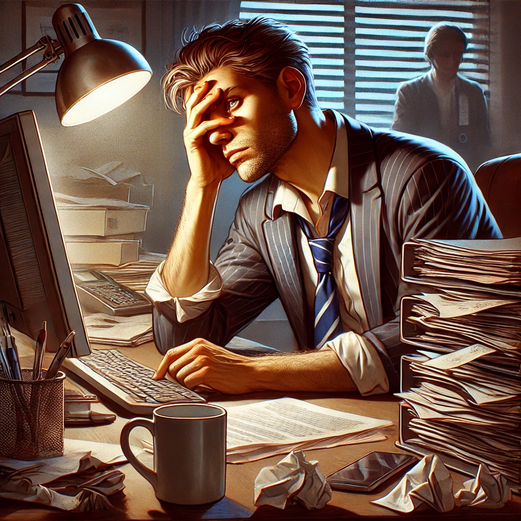 DALL·E-2024-08-27-10.04.48-Una-ilustracion-realista-que-muestra-a-una-persona-sentada-en-su-escritorio-de-oficina-luciendo-exhausta-y-sobrecargada-de-trabajo.-La-persona-es-un-.webp