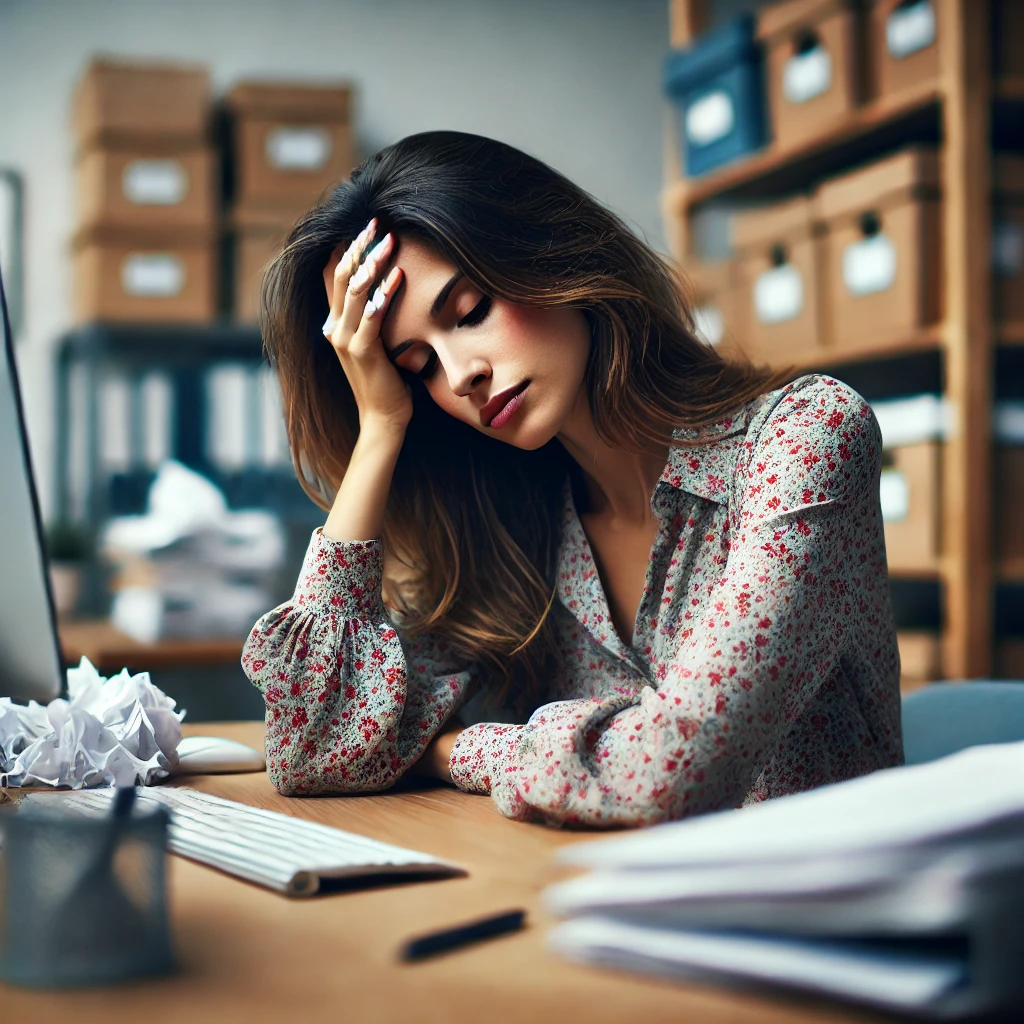 DALL·E-2024-12-30-13.10.39-Una-mujer-joven-sentada-en-un-escritorio-con-una-expresion-de-estres-rodeada-de-papeles-y-una-computadora-ambiente-de-oficina-colores-neutros-fond.webp